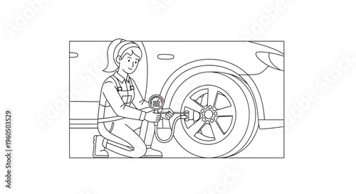 Woman checking car tire pressure with gauge, vehicle maintenance, roadside assistance