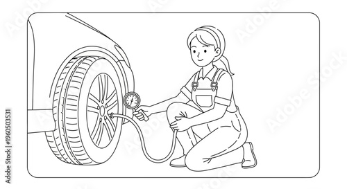 Woman checking car tire pressure with gauge, auto maintenance, vehicle service