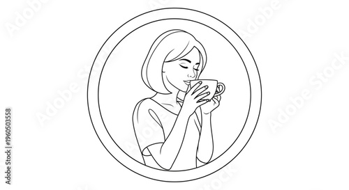 Woman enjoying a hot beverage, line art illustration in a circle