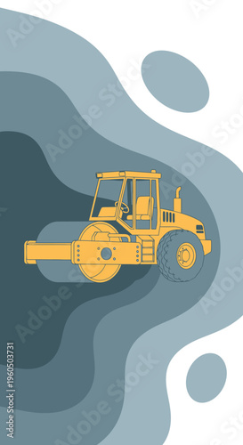 Yellow Road Roller Machine Compacts Surface Artistic Abstract Background
