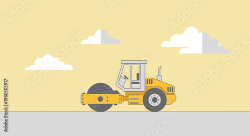 Yellow Road Roller Machine Working Under Cloudy Sky Construction Site Illustration