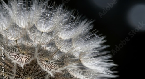 A close-up of a dandelion flower, its white petals and yellow center contrasting against the dark background.