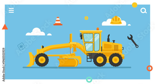 Yellow Road Grader Machine Operating On Construction Site With Blue Sky Background