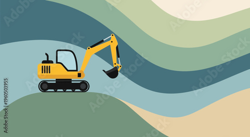 Yellow Excavator Machine On Wavy Green Landscape Background