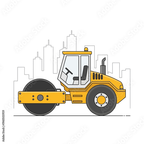 Yellow Road Roller Vehicle Flat Design Modern Cityscape Background