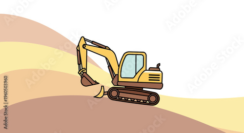 Yellow Excavator Machine On Wavy Ground