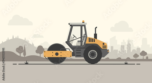 Yellow Roller Compactor Machine on a Construction Site Landscape