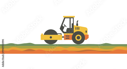 Yellow Roller Compactor Machine Working On Ground