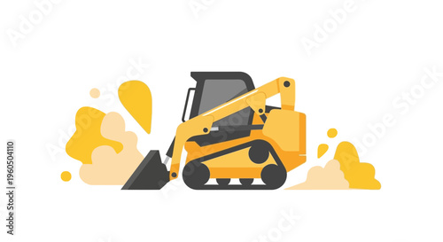 Yellow Skid Steer Loader Excavating Earth On White Background