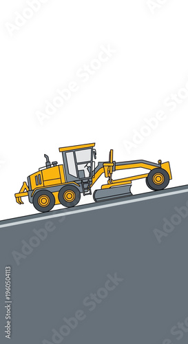 Yellow Road Grader Machine Working On Sloping Surface
