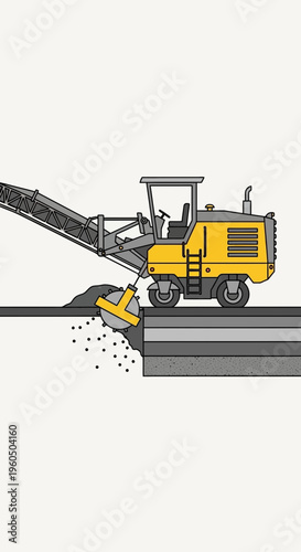 Yellow Road Milling Machine Grinding Asphalt During Construction Project