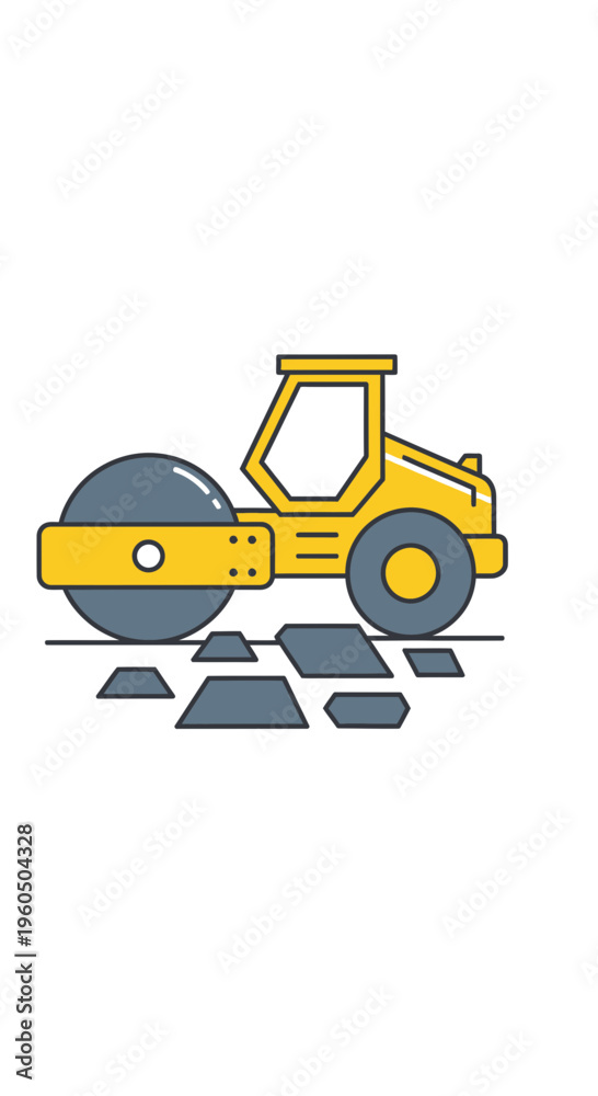 Naklejka premium Yellow Road Roller Compacting Pavement Flat Design