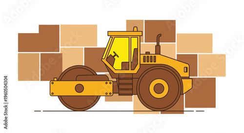 Yellow Steamroller Compacting Ground In Front Of Brick Wall Illustration