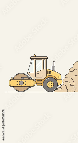 Yellow Steamroller Compacting Ground With Dust Cloud Effect Minimalist Style Illustration