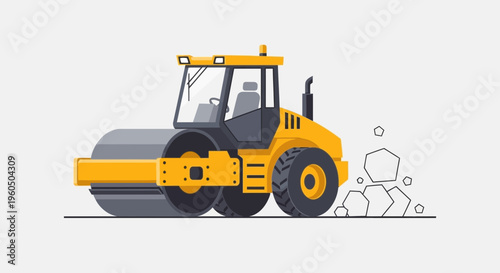 Yellow Road Roller Compacting Ground For Construction Projects