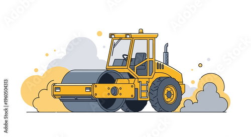 Yellow Steamroller Compacting Road Construction Machinery Graphic