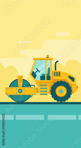 Yellow Steamroller Compacting Road Surface In Bright Sunny Environment