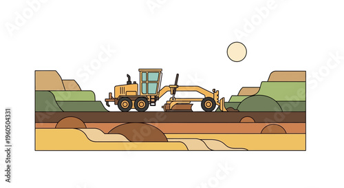 Yellow Grader Machine Operating on Layered Earth Terrain Construction Site