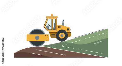 Yellow Steamroller Compacting Roadway Surface Construction and Paving Machine Flat Design