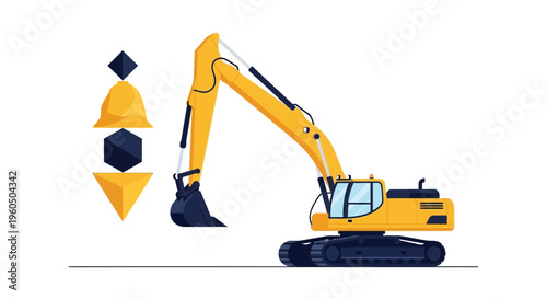 Yellow Excavator Machine With Abstract Shapes Industry Construction Concept
