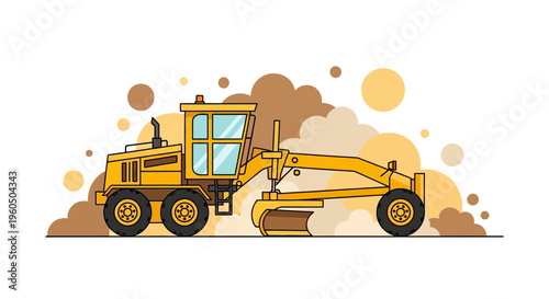 Yellow Motor Grader Machine Working on Road Construction Site Illustration