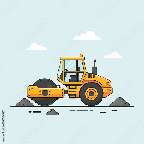 Yellow Steamroller Compacts Ground Under Blue Sky With Clouds