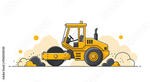 Yellow Steamroller Compacting Ground With Dust And Rocks Illustration