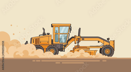 Yellow Grader Machine Performing Earthwork Operation Leveling Ground Dust Clouds Affecting