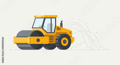 Yellow Road Roller Compacting Surface With Dust Clouds