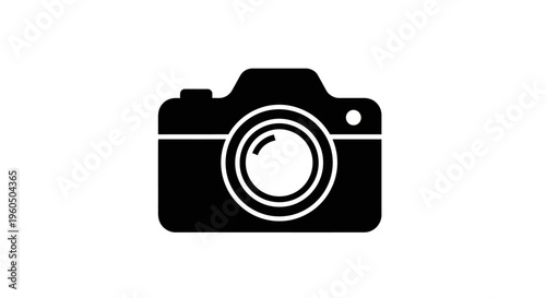 Black camera icon on white background, photography symbol, vector illustration