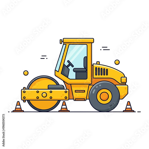 Yellow Steamroller Compacts Ground Near Orange Cones Construction Machine