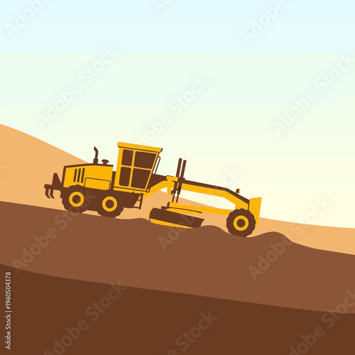 Yellow Motor Grader Machine Working On Unfinished Dirt Road Construction Project
