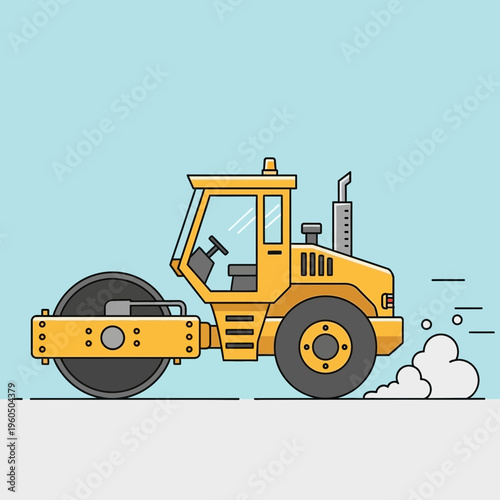 Yellow Steamroller Compacts Surface Creating New Road Construction Scene