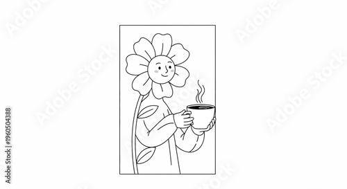 Whimsical Flower Character Holding Steaming Coffee Cup, Cute Botanical Illustration