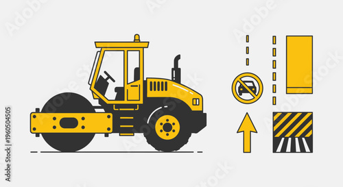 Yellow Steamroller Construction Vehicle And Road Symbols Vector Illustration