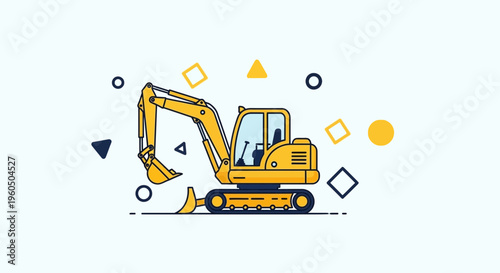 Yellow Excavator Machine With Geometric Shapes For Construction