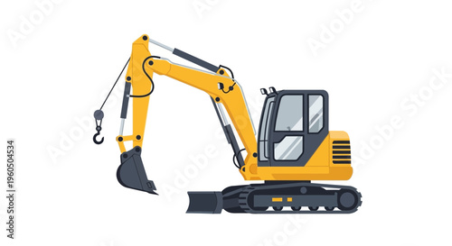 Yellow Excavator Machine With Hook And Bucket For Construction Work