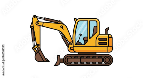 Yellow Excavator Machine With Tracks For Construction And Digging Works
