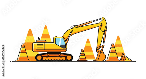 Yellow Excavator Machine With Traffic Cones On Construction Site