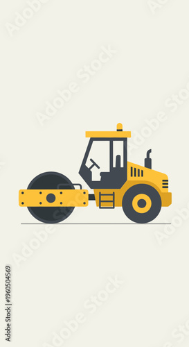 Yellow Steamroller Flat Design Construction Vehicle Illustration