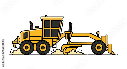Yellow Motor Grader Working on Construction Site Vector Illustration