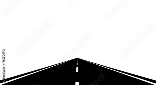 Perspective view of a black asphalt road with white lines, vanishing point.