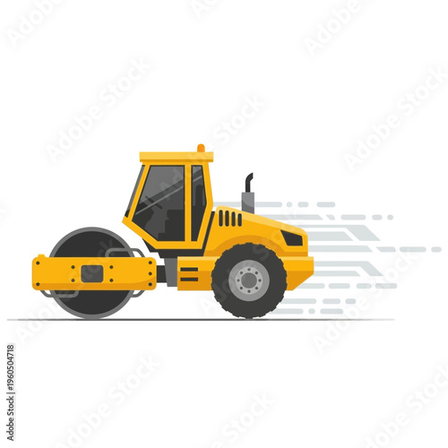 Yellow Steamroller Machine Driving Fast Across White Background