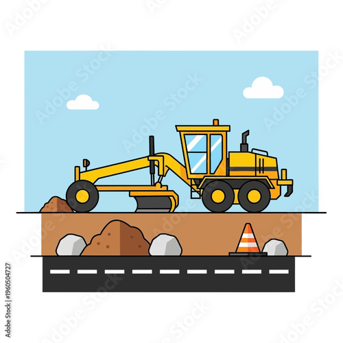 Yellow Grader Machine Working on Road Construction Site Modern Illustration
