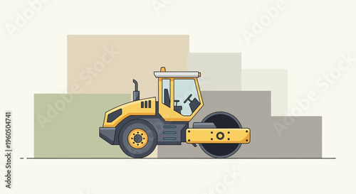 Yellow Steamroller Machine Illustration For Road Construction Work