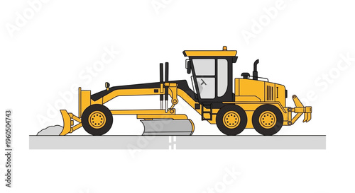Yellow Grader Machine Working On Road Construction Site Simplified Vector Art