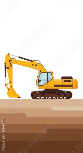 Yellow Excavator Machine Working On Construction Site Digging Earth Ground Level View