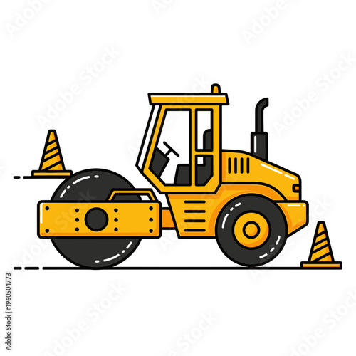 Yellow Steamroller Machine Illustration With Safety Cones