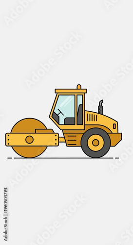 Yellow Steamroller Machine Industrial Heavy Equipment Transportation Illustration Flat Design