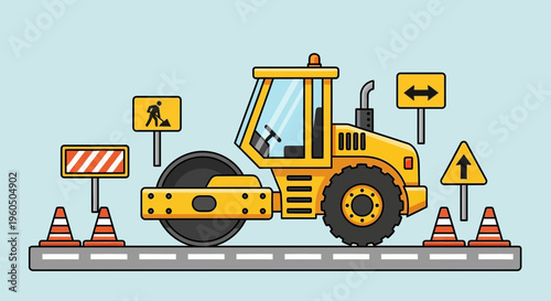 Yellow Steamroller On Road Construction With Traffic Signs And Cones